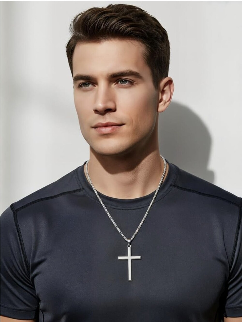 22" Silver Cross Pendant On Stainless Steel Rope Necklace